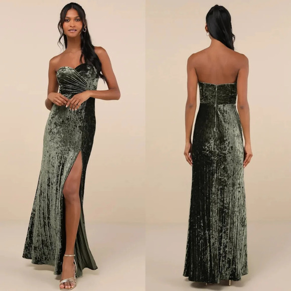 Lulus Classy Sensation Olive Velvet Pleated Strapless Maxi Dress Wedding Party - Picture 1 of 9